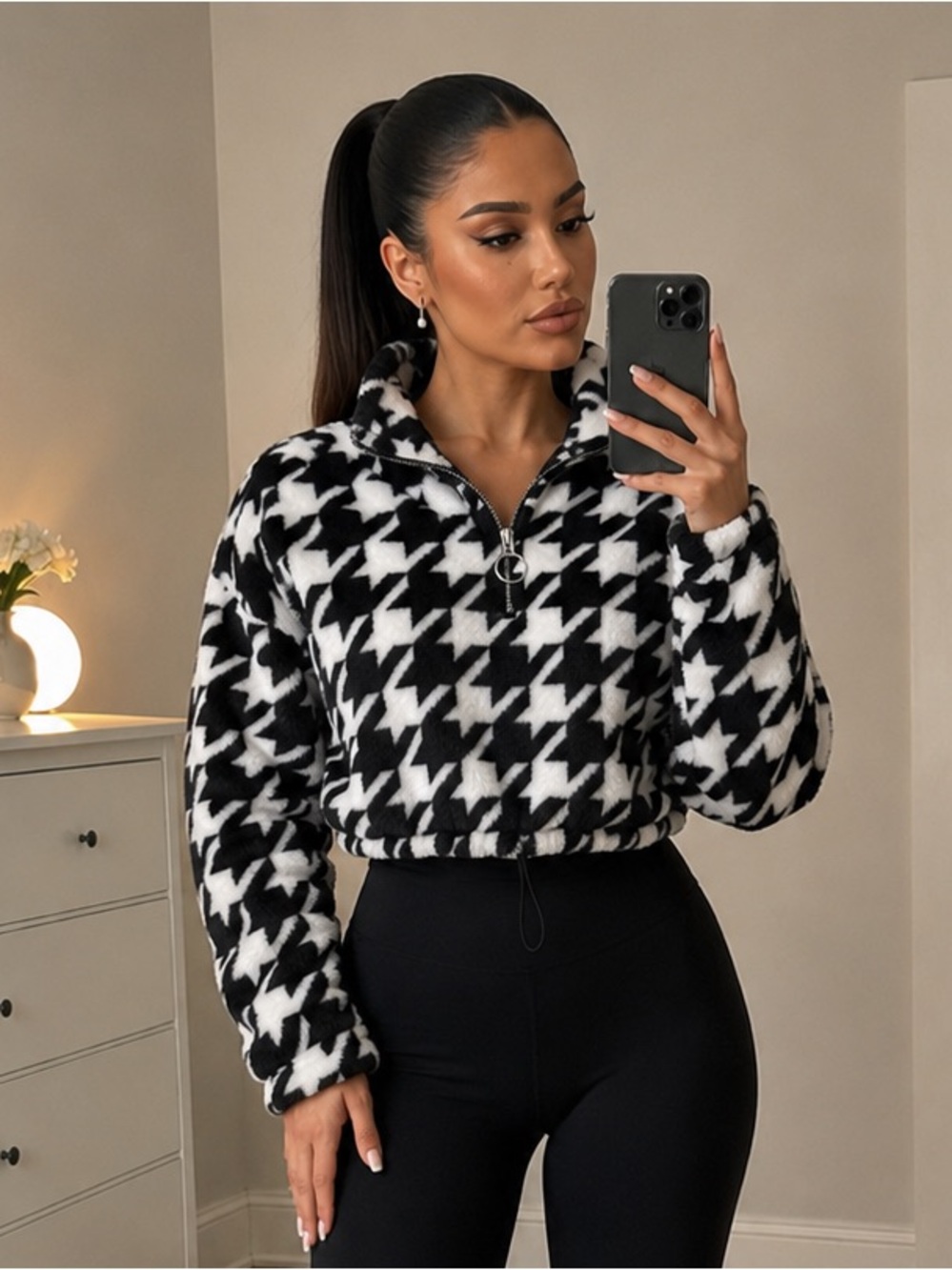 Warm & Cozy Lifestyle Black & White Houndstooth Cropped Quarter-Zip Pullover